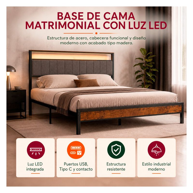 Base Matrimonial Cabecera Repisas Luz Led Usb C... image number null