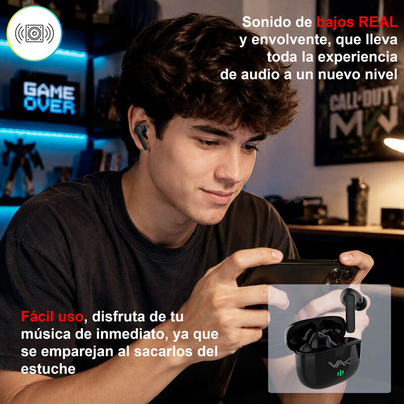 Aud&iacute;fonos Vak T18 Bluetooth Anc Enc Siri Game M... image number null