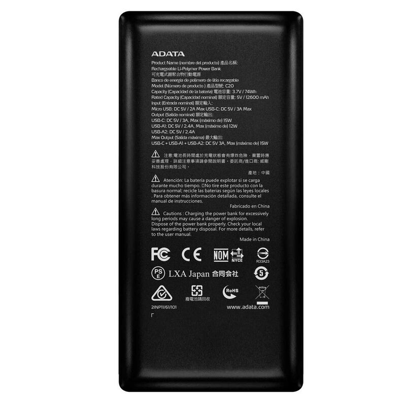 Bater&iacute;a Recargable ADATA Powerbank 20,000mAH Ne... image number null