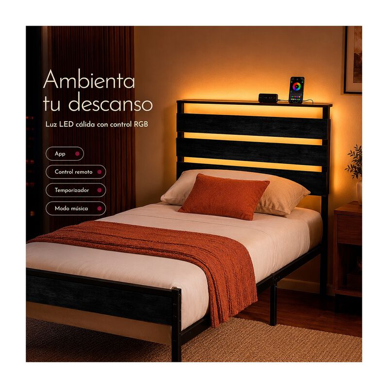 Base Cama Individual Moderna Luz Led Usb C Refo... image number null