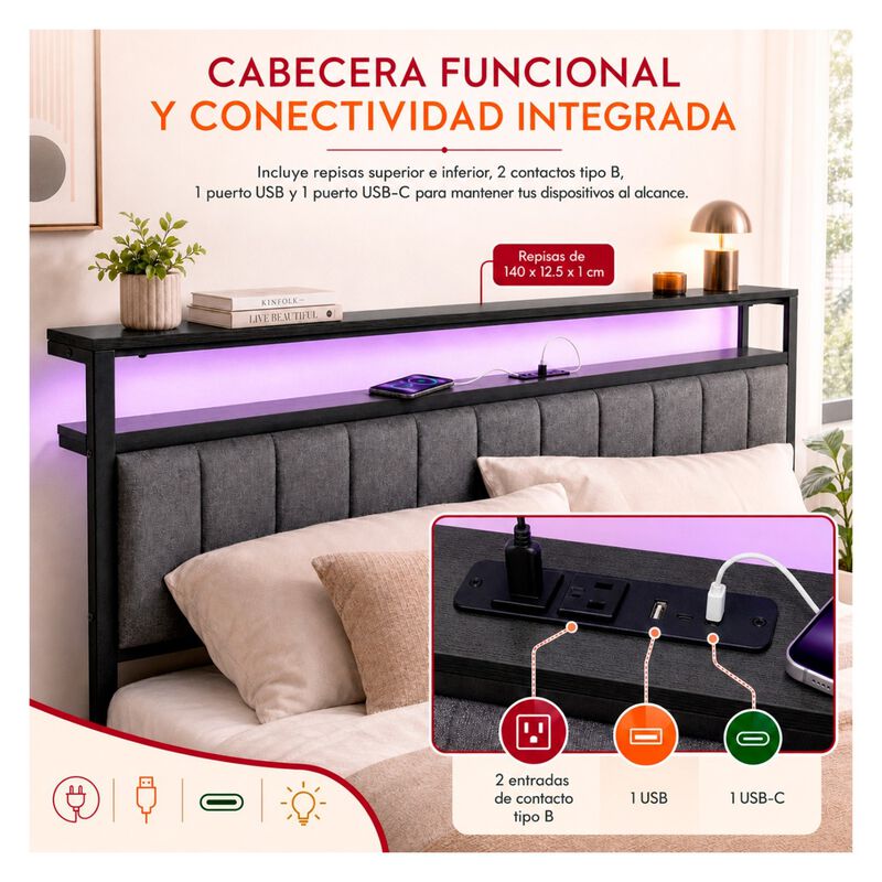 Base Cama Matrimonial Led Usb C Repisas Cabecer... image number null
