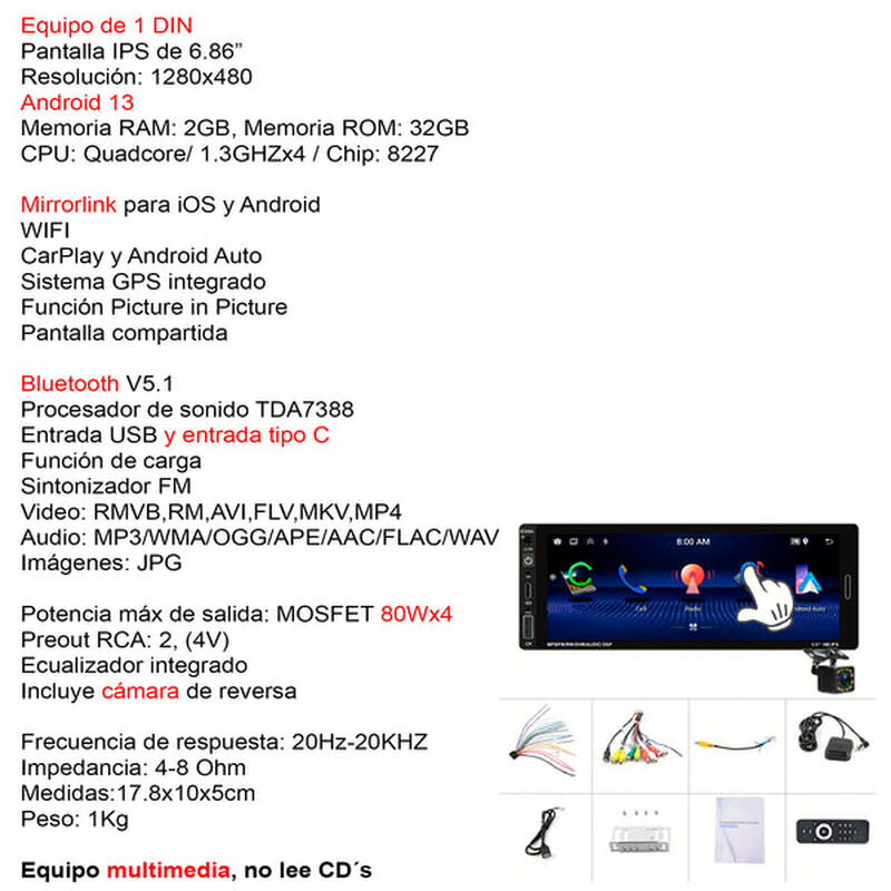 Autoestéreo Vak 3558 1 Din 6.8" Android Carplay... image number null