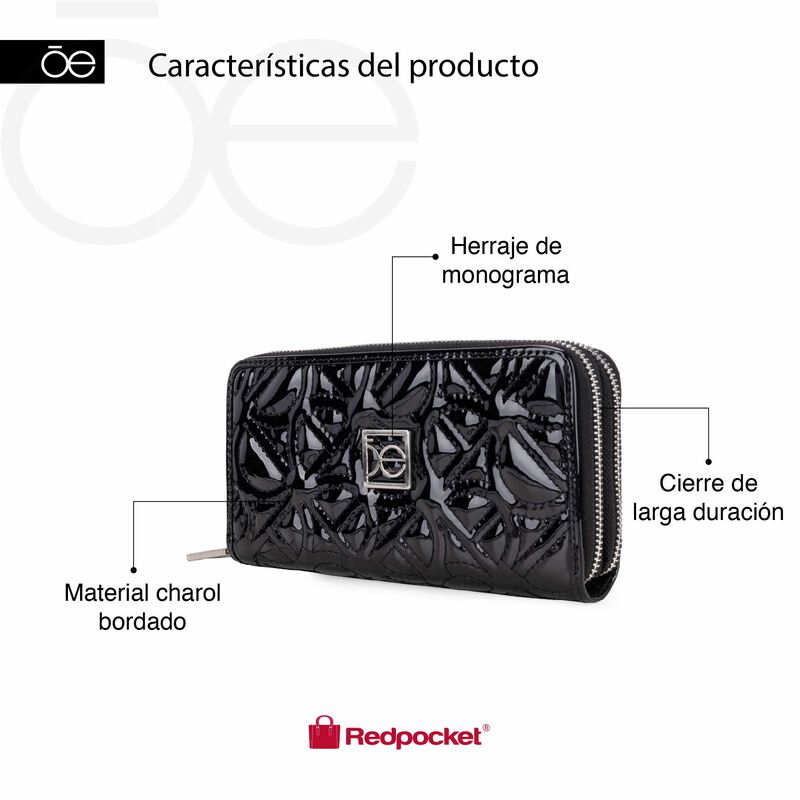 Cartera Grande Cierre Doble Charol Con Bordado ... image number null