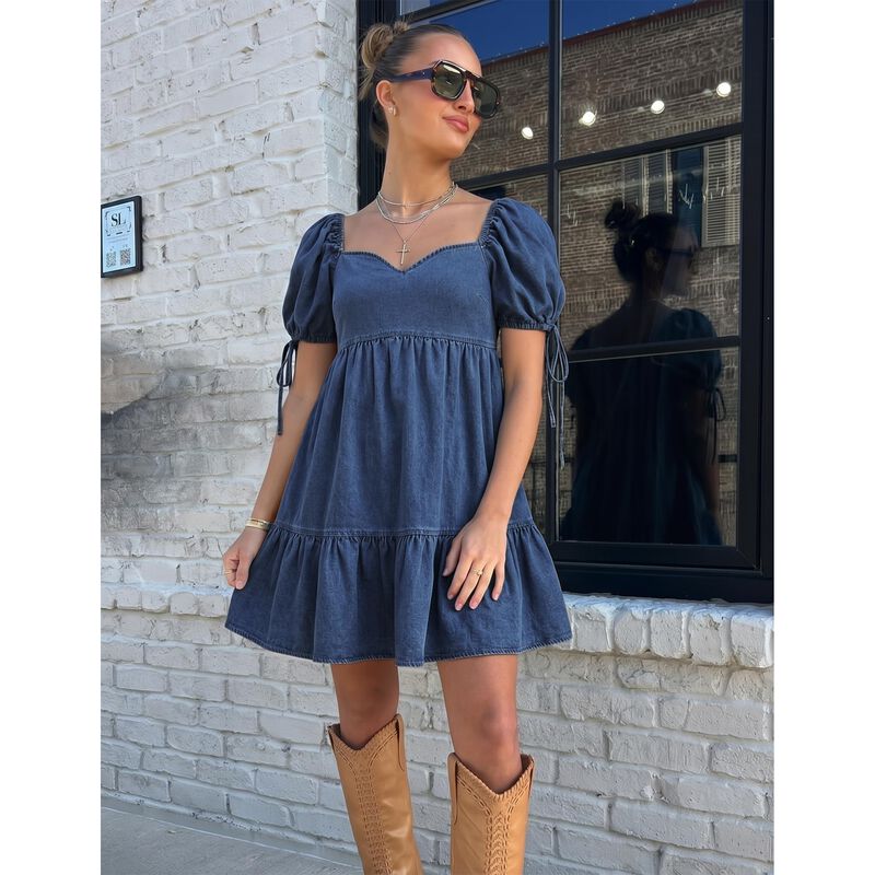 Vestido Mini Denim Mangas Abullonadas Azul - Po... image number null