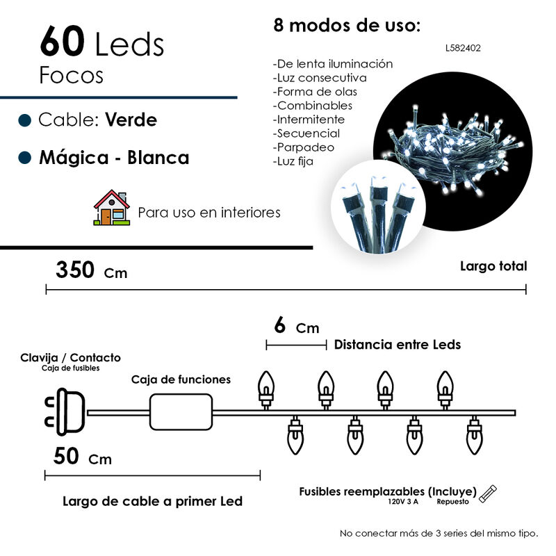 Serie Luces LED Blanca 60 Led, Luz Blanca Cable... image number null