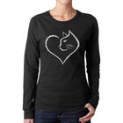 Camiseta De Manga Larga Word Art Para Mujer - Coraz&oacute;n de Gato- Negro