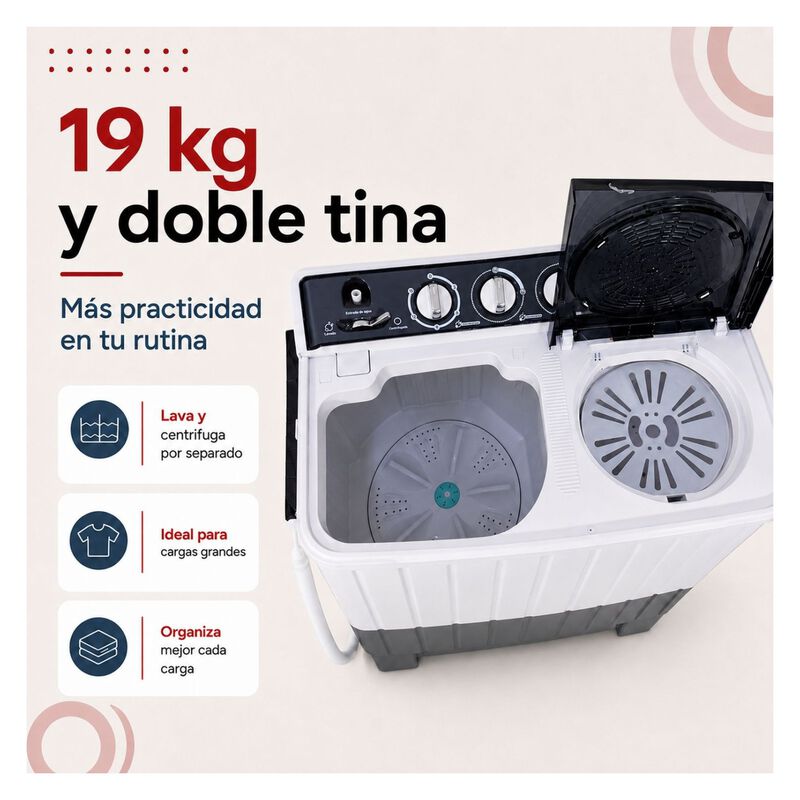 Lavadora Semiautom&aacute;tica 19 Kg 2 Tinas 900 W Dos... image number null