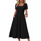 Vestido Midi Negro Zeagoo con Mangas Abullonadas y Bolsillos