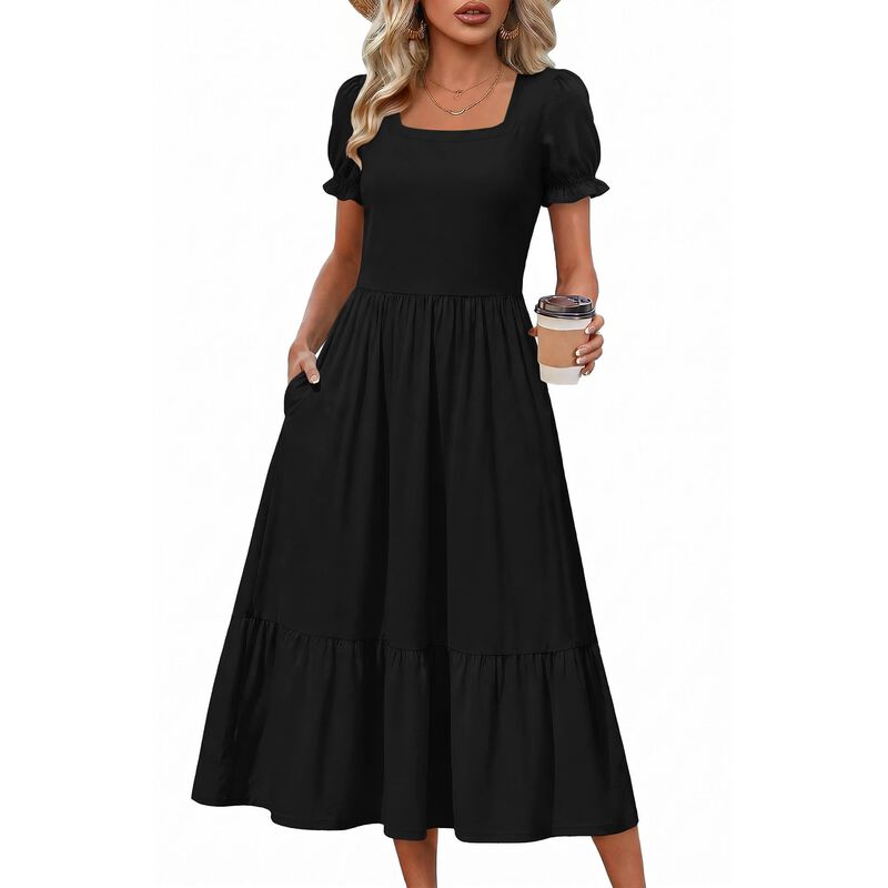 Vestido Midi Negro Zeagoo con Mangas Abullonada... image number null