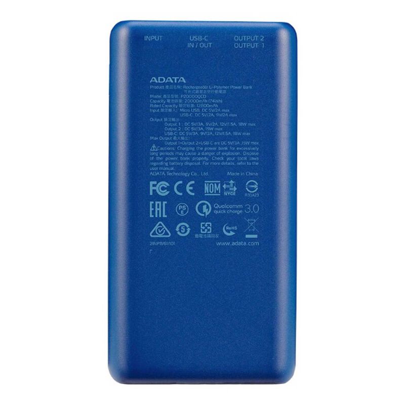 Bater&iacute;a Recargable ADATA Powerbank 20,000mAH Az... image number null