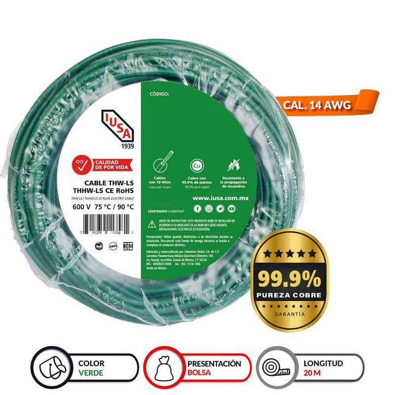 Cable Thhw-ls Rohs Calibre 14 Awg Verde 20m image number null