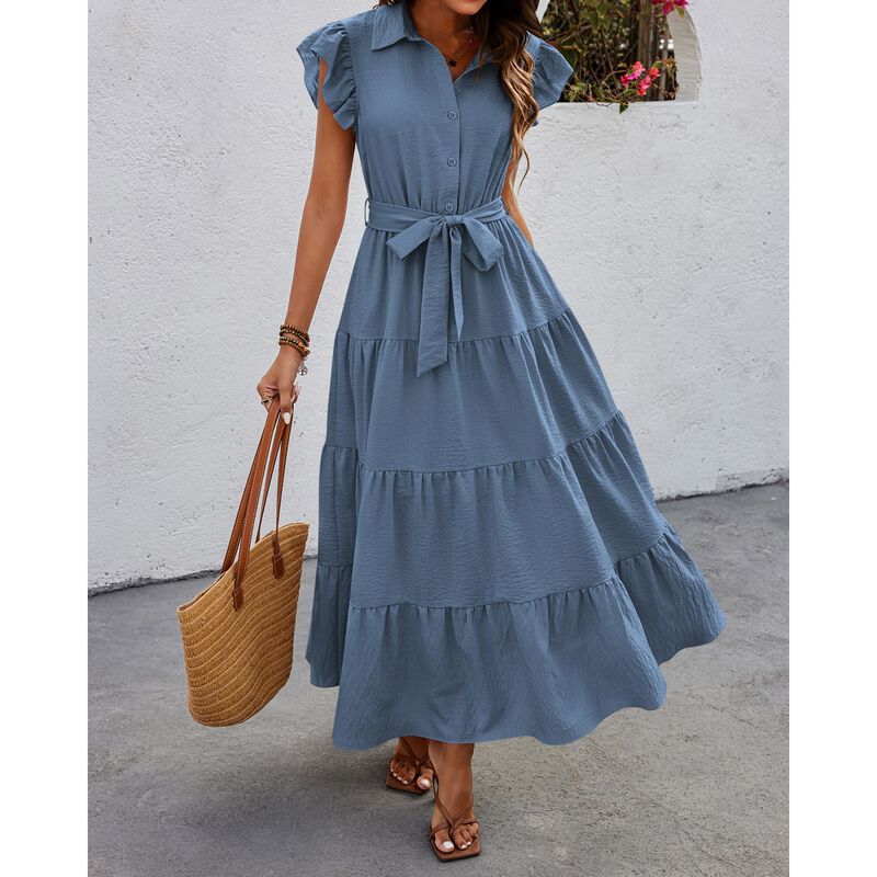 Vestido Dowerme Maxi con Volantes, Gris/Azul, T... image number null