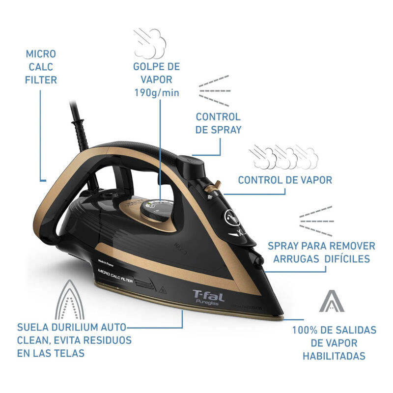 Plancha Vapor T-Fal PureGliss FV8064 5 Niveles ... image number null