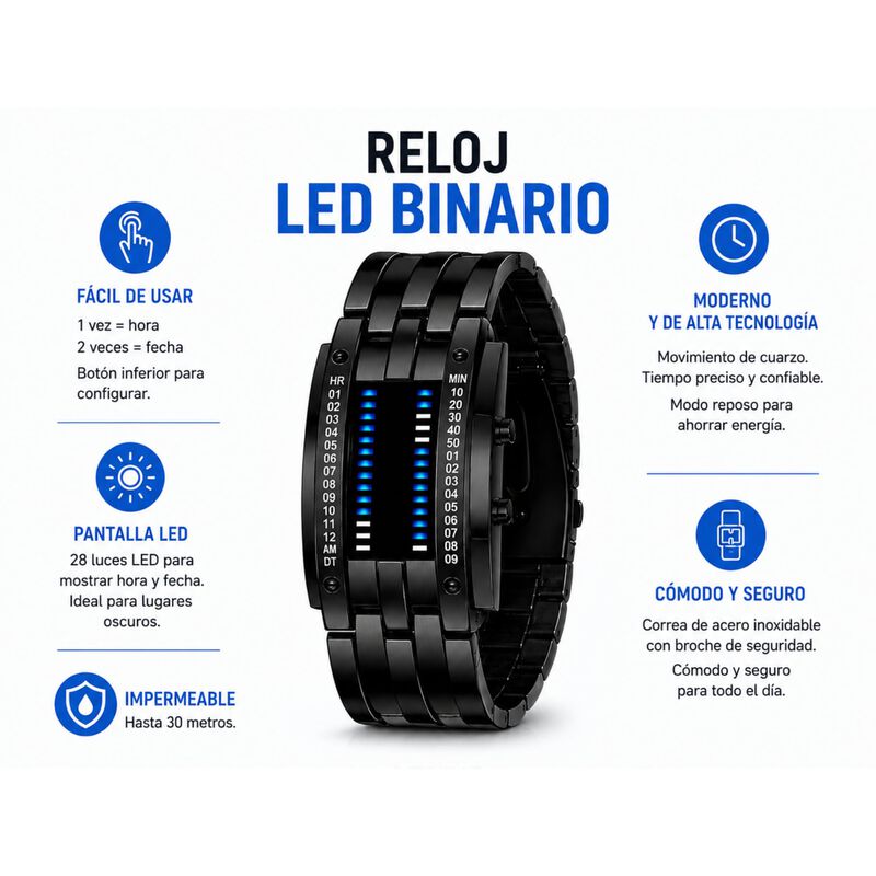 Reloj Led Binario Digital De Cuarzo Impermeable... image number null