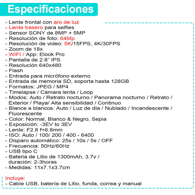 Cámara digital VAK F3L 5k Selfie-cam aro luz wi... image number null