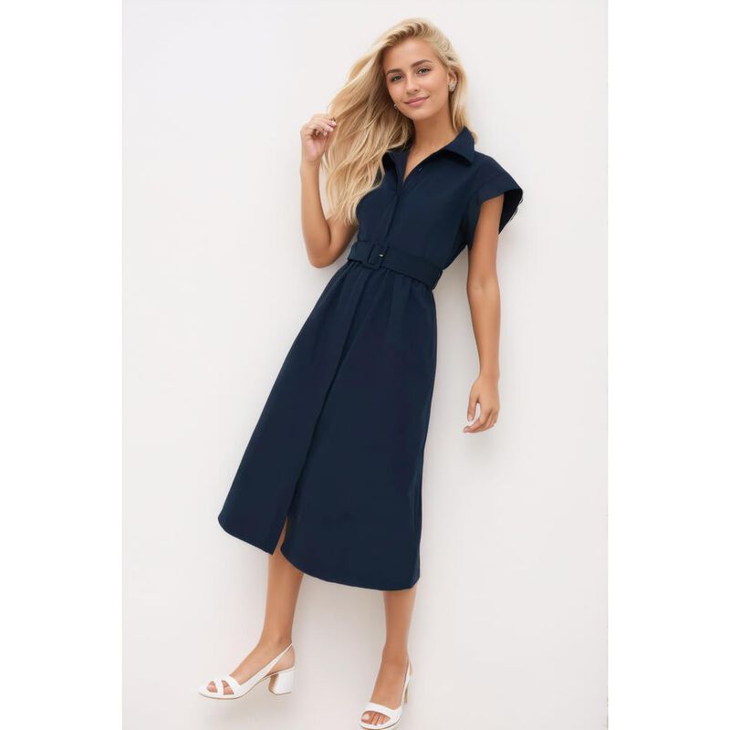 Vestido Ladyful Midi Camisa Cintur&oacute;n Azul Marin... image number null