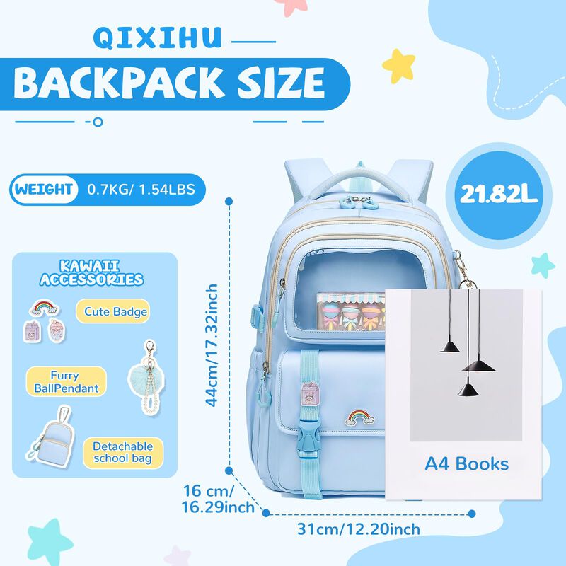 Mochila Qixihu Para Ni&ntilde;as 6‑12 A&ntilde;os Azul Kawaii image number null