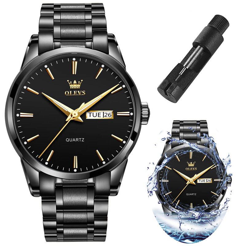 Reloj Olevs Negro De Acero Inoxidable Impermeab... image number null