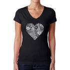 Camiseta De Cuello En V Word Art Para Mujer - Coraz&oacute;n de Flores- Negro