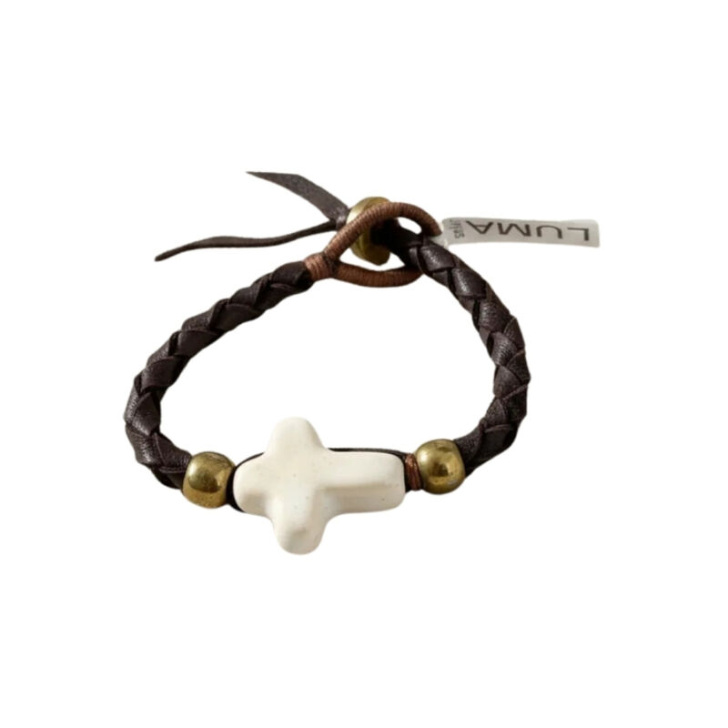 Pulsera Tejida Con Cuero Negro Y Cruz De Piedra... image number null