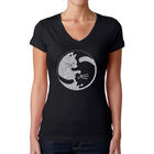 Camiseta De Cuello En V Word Art Para Mujer - Gato Yin Yang- Negro