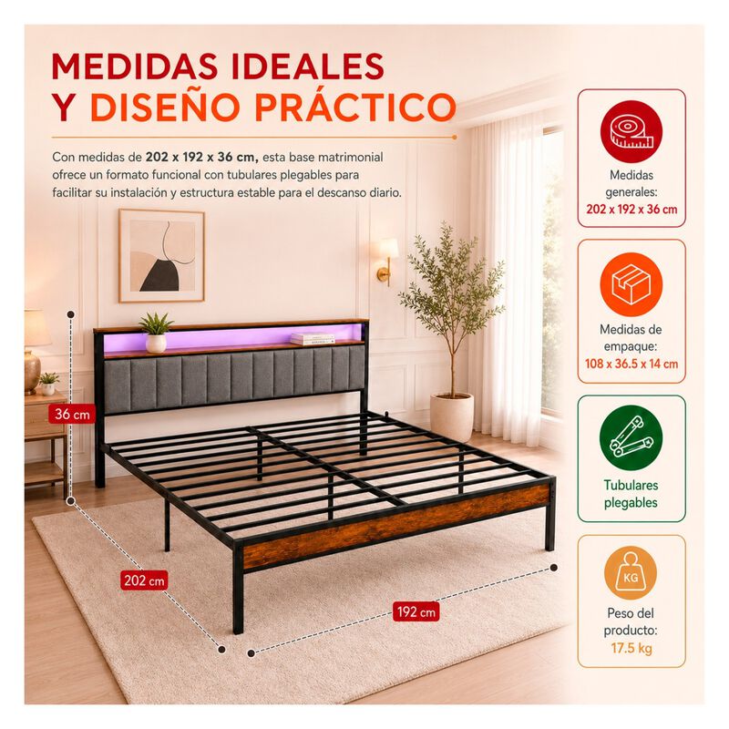 Base Cama Kingsize Cabecera Repisas Luz Led Usb... image number null