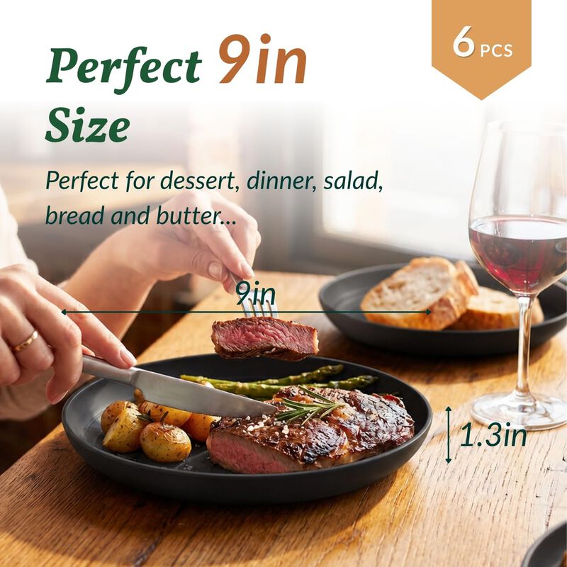 Platos de Cena Homienly 23cm, Juego de 6, Negro... image number null