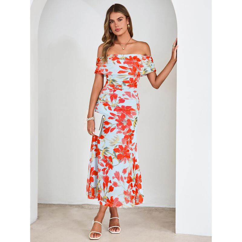 Vestido Simplee Floral Hombro Descubierto Azul ... image number null