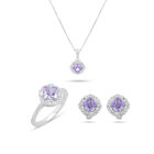 Juego De Anillo Arracadas Y Dije Con Cadena De Plata Blanca 925 Con Zirconias Blancas Y Moradas
