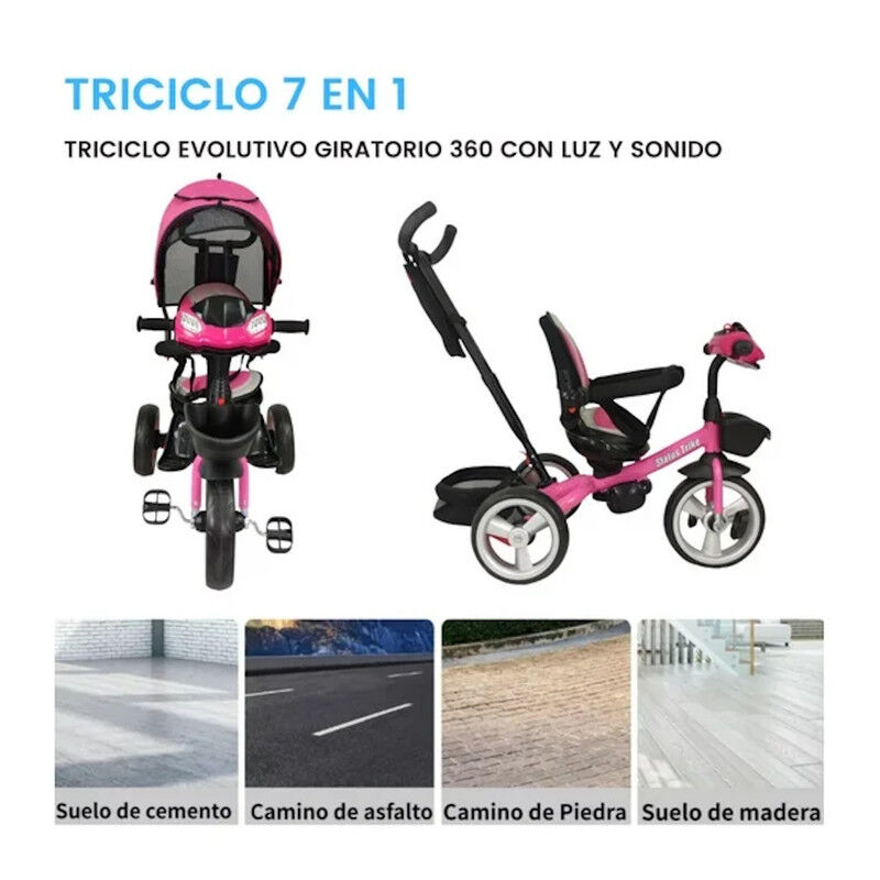 Triciclo Para Ni&ntilde;os Rosa 7en1 Con Asiento Girat... image number null
