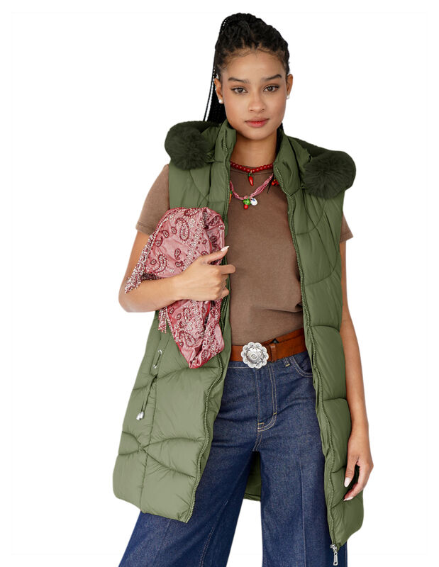 Chaleco Largo Mujer Acolchado Con Capucha Y Pel... image number null