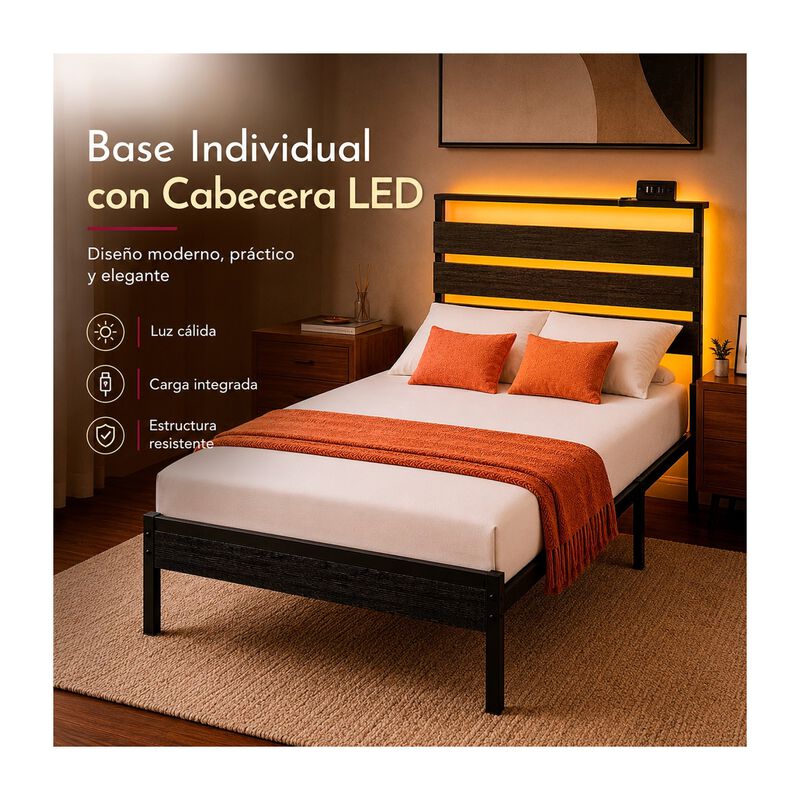 Base Cama Individual Moderna Luz Led Usb C Refo... image number null
