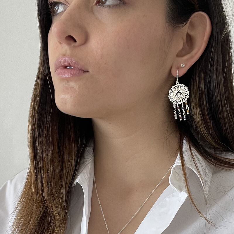 Aretes Largos Gerbera de Plata con Piedras Natu... image number null