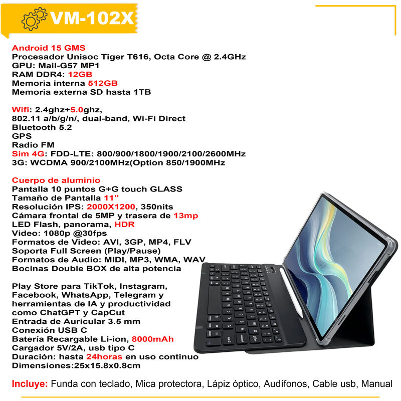VAK TABLET 102X OCTACORE 11" l&aacute;piz TECLADO 2 EN... image number null