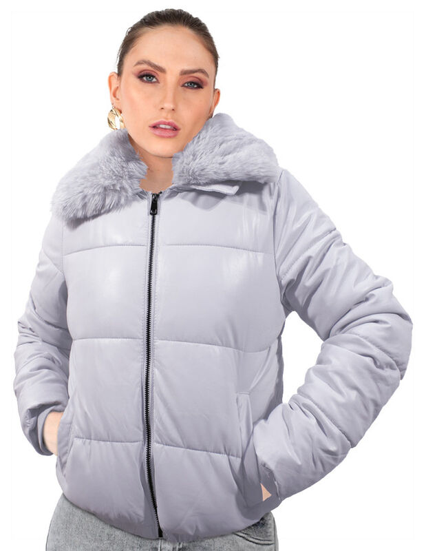 Chamarra Brillosa Acolchada Cuello Peluche Gris... image number null