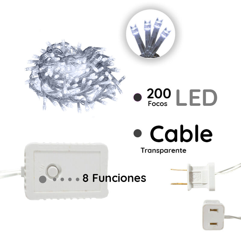 Serie de luces navide&ntilde;a 200 LED luz blanca 8 fu... image number null