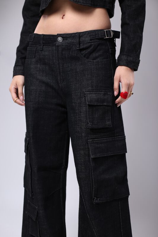 Pantal&oacute;n Cargo Negro Recto Mujer Mezclilla Tiro... image number null