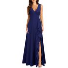 Vestido Mushare Cuello En V Largo Azul Marino Volantes