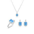 Juego De Anillo Arracadas Y Dije Con Cadena De Plata Blanca 925 Con Zirconias Blancas Y Azul Cielo