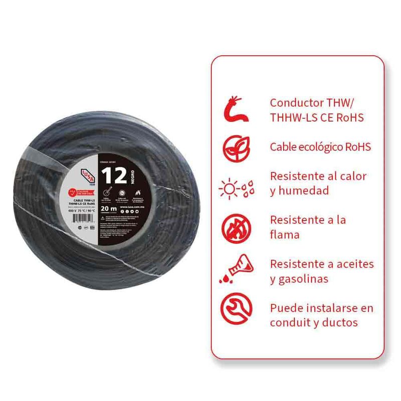 Cable Thhw-ls Rohs Calibre 12 Awg Negro 20m image number null