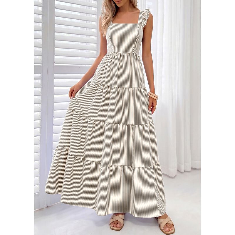Vestido Prettygarden Maxi Rayas Marr&oacute;n Talla M image number null