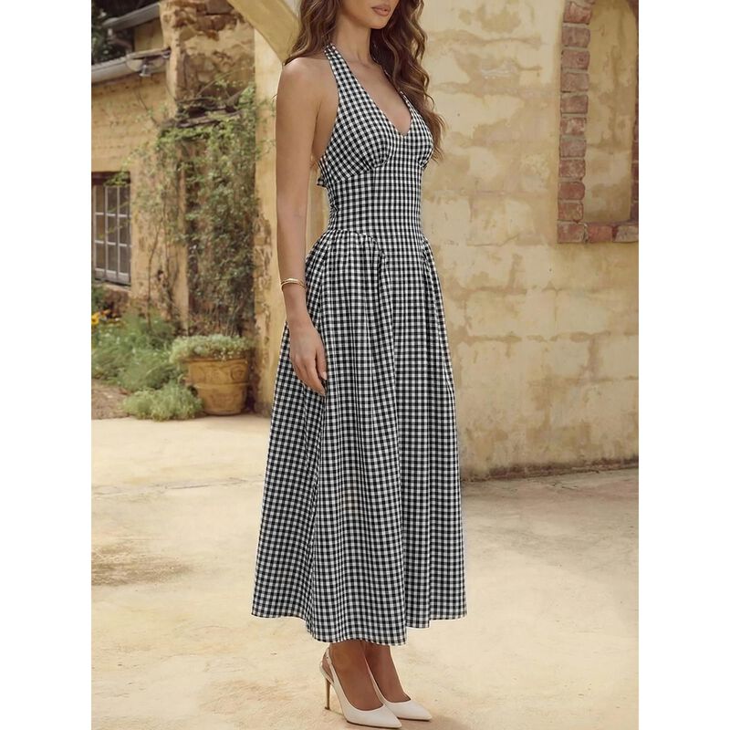 Vestido Maxi Cuadros Wenrine Escote Halter Cint... image number null