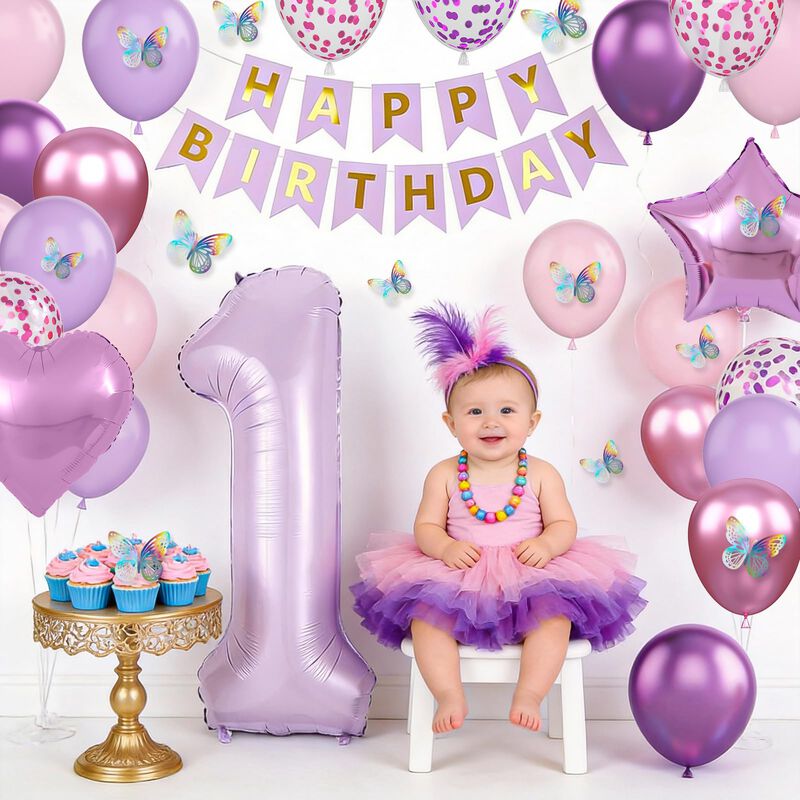 Globos Dagetar 1er Cumplea&ntilde;os Rosa Y Morado Par... image number null
