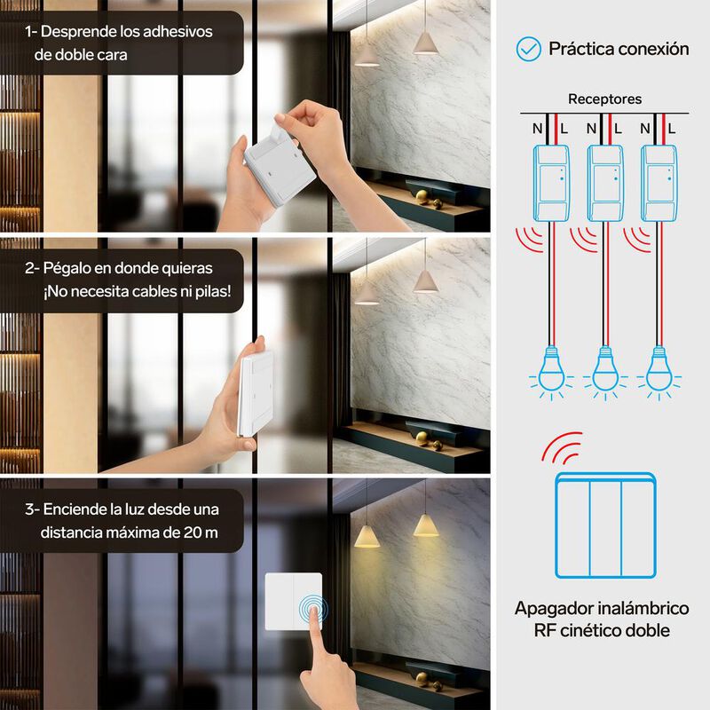 Apagador inal&aacute;mbrico RF cin&eacute;tico triple image number null