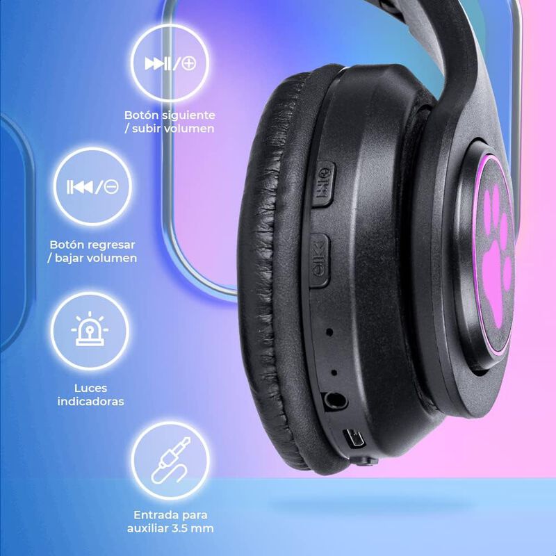 Audífonos Bluetooth Orejas De Gato Negro con Lu... image number null