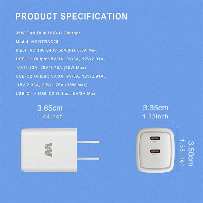 Cargador Ac Mybat Dual Usb-c 35w Gan Universal ... image number null
