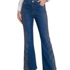 Jeans Flare Mujer Con Pedrer&iacute;a Y Brillos Mezc-1012 Azul Oscuro Pantal&oacute;n Acampanado De Mezclilla Tiro Alto