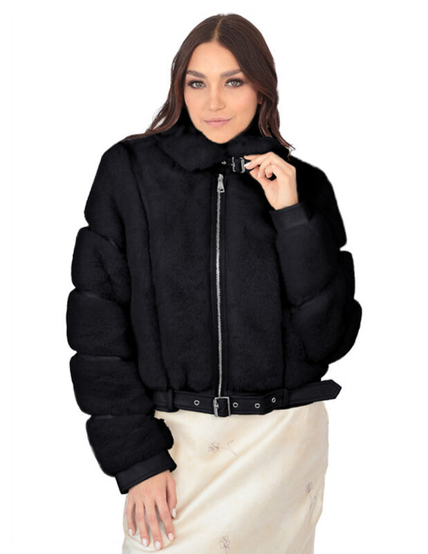 Chamarra Corta Peluche Cinturon Ajustable Negro... image number null