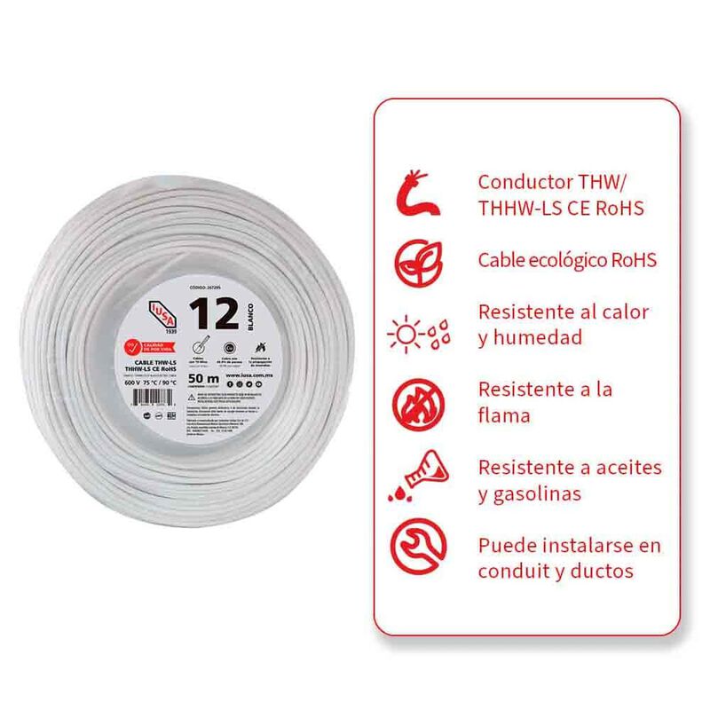 Cable Thhw-ls Rohs Calibre 12 Awg Blanco 50m image number null