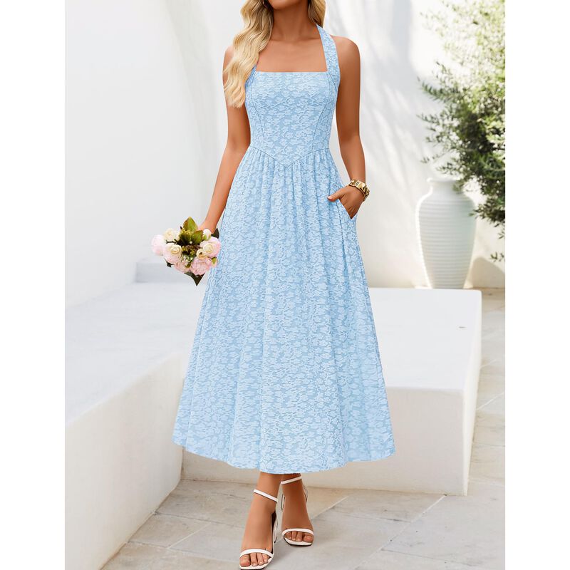 Vestido Zesica Maxi Floral Azul M Sin Mangas image number null